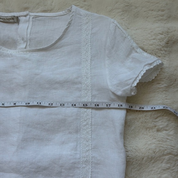 Chic Laura Bianchi White Linen Back Buttons Lace Trim Short Sleeve Women's Top-S - Picture 12 of 15